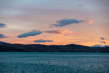 Serene landscape of the hills and lake at sunset, Torres del Paine National Park, Chile
