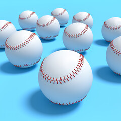 Set of softball or baseball ball lying in row on blue background.