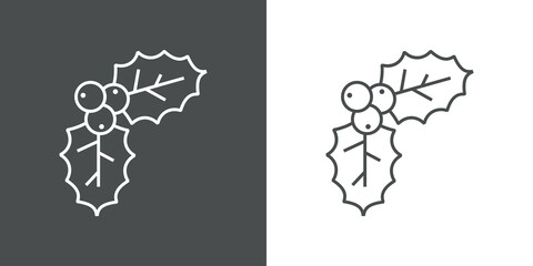Icono 2 hojas de acebo con bayas con líneas en fondo gris y fondo blanco para su uso en invitaciones y tarjetas de felicitación