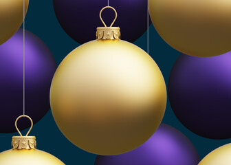 Christmas golden and purple balls. Luxury background for Christmas cards, banner, poster and other users. Holiday. 3D render. Shine. Isolated on blue-green. Merry Christmas! Backdrop. Happy New Year!
