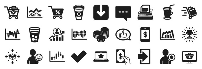 Set of simple icons, such as Smartphone payment, Ice tea, Online shopping icons. Login, Push cart, Tips signs. Cocktail, Trade infochart, Takeaway coffee. Special offer, User idea, Tick. Vector