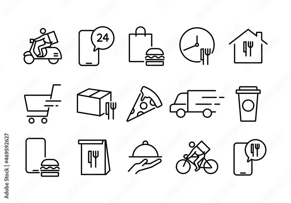 Poster set of food delivery icon menu for gadget or device applications design. editable stroke icon for ui
