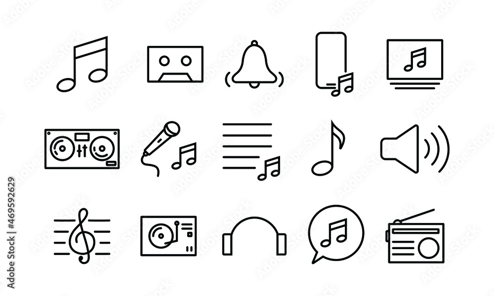 Poster set of music icon tools and navigation. editable stroke icon for ui of websites and applications. fl