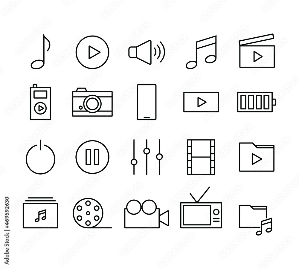 Poster set of multimedia icon menu for gadget or device applications design. editable stroke icon for ui of