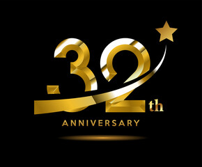 Golden 32 year anniversary celebration logo design with star symbol