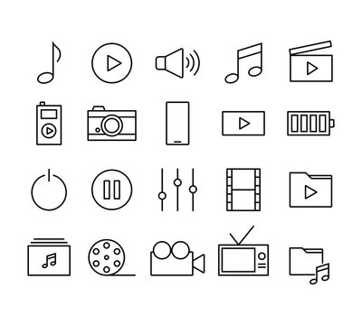 Set Of Multimedia Icon Menu For Gadget Or Device Applications Design. Editable Stroke Icon For UI Of Mobile Interface. Flat Line Navigation Collection For Multimedia Player Design.