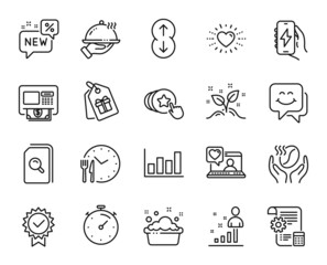 Vector set of Settings blueprint, Smile face and Coffee line icons set. Stats, Search files and Timer icons. Friends chat, Hold heart and Certificate signs. Settings blueprint web symbol. Vector