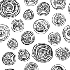 Black contour linear spiral circles isolated on white background. Cute monochrome geometric seamless pattern. Vector simple flat graphic hand drawn illustration. Texture.