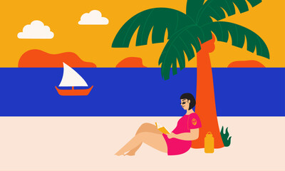 Illustration of woman reading book at the beach