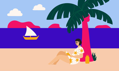 Illustration of woman reading book at the beach