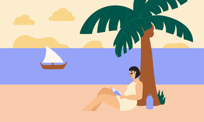 Illustration of woman reading book at the beach - obrazy, fototapety, plakaty