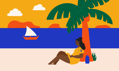 Obraz premium Illustration of woman reading book at the beach