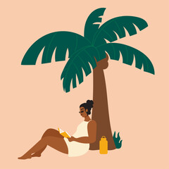 Illustration of woman reading under coconut tree