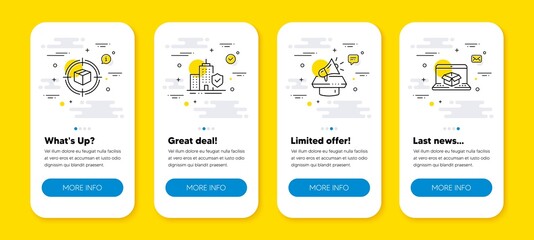 Vector set of Parcel tracking, Megaphone and Apartment insurance line icons set. UI phone app screens with line icons. Online delivery icon. Box in target, Brand advertisement, Flat coverage. Vector
