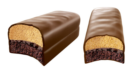 Chocolate bar, Chocolate coated cake with chocolate cream isolated on white background. 3d illustration