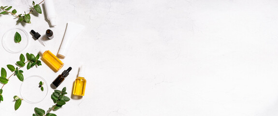 Set of natural eco creams, lotions, balms and essential cosmetic oils with fresh green branches and Petri dishes on white marble background top view. Herbal cosmetic concept. Long banner format.