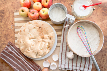 Cooked airy and delicious apple biscuit top view.