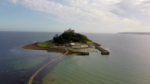 St Michael's Mount near Penzance in Cornwall, England Drone Aerial View - Slow Moving Forward Coast-side