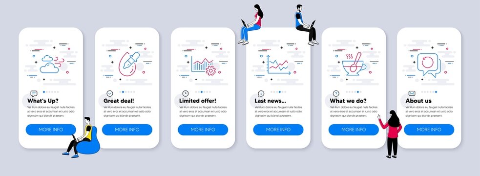 Business icons set. UI phone app screens with teamwork. Included icon as Tea cup, Eye drops, Diagram chart signs. Operational excellence, Windy weather, Recovery data line icons. Vector