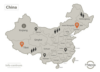 China map, individual regions with names, Infographics and icons vector