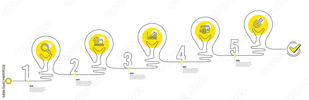 Poster business infographic timeline with 5 steps. lightbulb journey path infographics. workflow process di