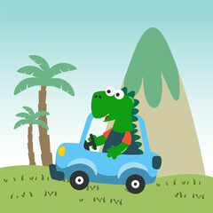 Naklejka premium cute dinosaur driving a car go to forest funny animal cartoon. Creative vector childish background for fabric, textile, nursery wallpaper, poster, card, brochure. and other decoration.