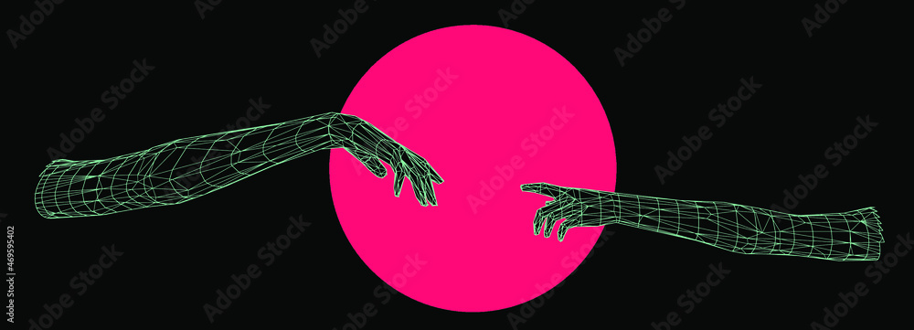 Poster vector 3d model of hands going to touch together, reminiscent of michelangelo's artwork. cyberpunk a