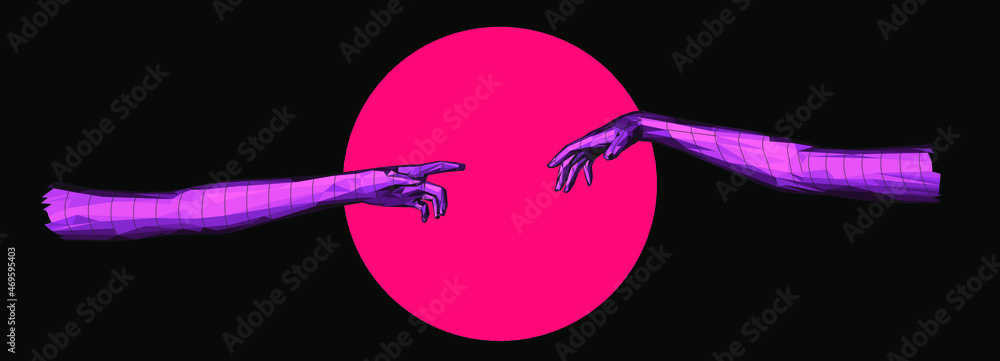 Poster vector 3d model of hands going to touch together, reminiscent of michelangelo's artwork. cyberpunk a