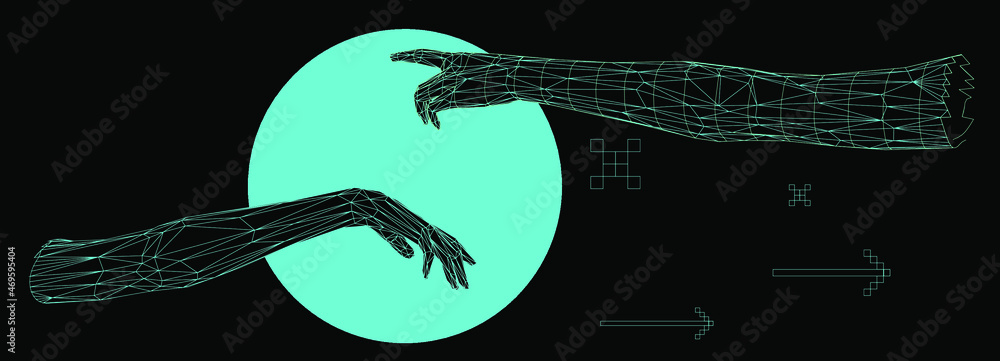 Poster vector 3d model of hands going to touch together, reminiscent of michelangelo's artwork. cyberpunk a