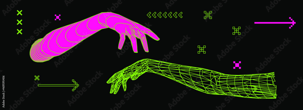 Poster vector 3d model of low poly hands. cyberpunk and vaporwave style art collage.