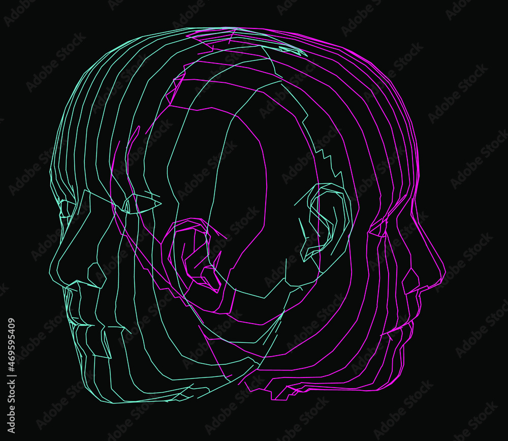 Poster 3D wireframe model of a human heads. Concept for Machine Learning, Artificial intelligence and Robotics themes.