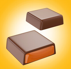 Chocolate pieces with caramel filling. 3d illustration.