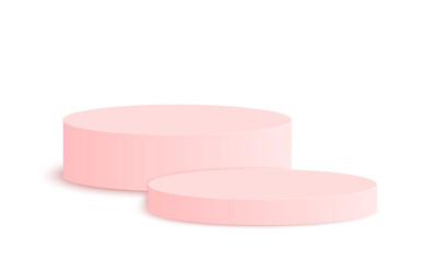 Round pink podiums. Empty pedestal mockup for cosmetics, product presentation. Clean cylindrical showcase platform isolated on white background. Vector realistic illustration in minimalism style.
