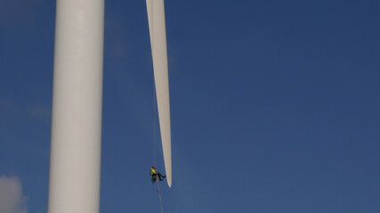 Man in Harness abseiling at tip of Wind Turbine blade, undergoing maintenance, Highest Commercial Wind Turbine at 126 metre in the United Kingdom