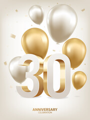 30th Year anniversary celebration background. Golden and silver balloons with confetti on white background with 3D numbers. - obrazy, fototapety, plakaty