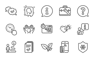 Business icons set. Included icon as Contactless payment, Head, Time management signs. Tool case, Approved, Clean skin symbols. Wash hands, Handout, Love message. Question mark, Quick tips. Vector