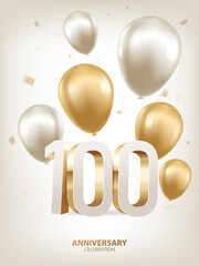 100th Year anniversary celebration background. Golden and silver balloons with confetti on white background with 3D numbers. - obrazy, fototapety, plakaty