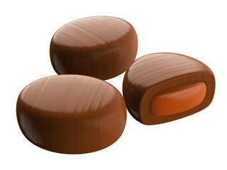 Chocolate pieces with caramel filling. 3d illustration.