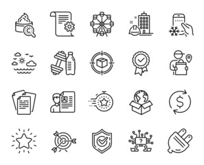Vector set of Rank star, Timer and Delivery service line icons set. Technical documentation, Refrigerator app and Dumbbell icons. Job interview, Confirmed and Ferris wheel signs. Vector