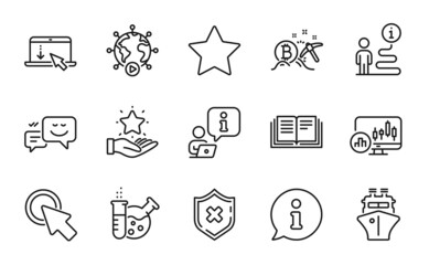 Technology icons set. Included icon as Reject protection, Scroll down, Candlestick chart signs. Education, Bitcoin mining, Video conference symbols. Star, Happy emotion, Ship. Click here. Vector
