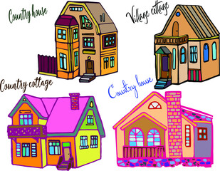 Vector hand drawn doodle house set, colored doodle different houses, village, country buildings, constructions, apartments 