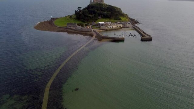 Reveal of St Michael's Mount near Penzance in Cornwall, England Drone Aerial View
