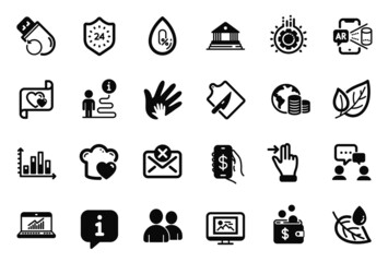 Vector Set of Business icons related to Touchscreen gesture, Photo thumbnail and Diagram graph icons. Flash memory, Augmented reality and Budget signs. Money app, Cutting board and Leaf. Vector