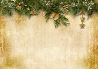Сhristmas background. Vintage postcard with firtree, holly and cone. Greeting holiday card