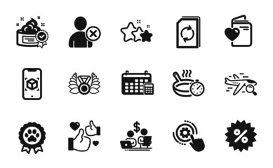 Vector set of Discount, Search flight and Dog competition icons simple set. Stars, Cogwheel settings and Laureate medal icons. Frying pan, Augmented reality and Calendar signs. Vector