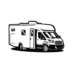 Monochrome silhouette of RV campervan caravan vector illustration - obrazy, fototapety, plakaty
