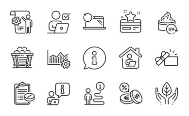 Business icons set. Included icon as Medical prescription, Fair trade, Online voting signs. Coal trolley, Recovery laptop, Opened gift symbols. Uv protection, Loyalty card, Work home. Vector
