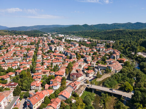 Aerial view of center of town of Troyan, Bulgaria