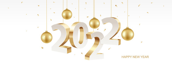 Happy new year 2022. Golden 3D numbers with Christmas decoration and confetti on a white background. Holiday greeting card design. - obrazy, fototapety, plakaty