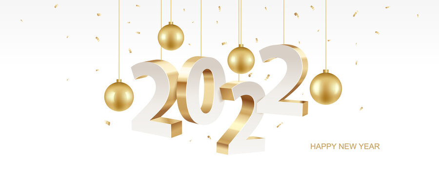 Happy new year 2022. Golden 3D numbers with Christmas decoration and confetti on a white background. Holiday greeting card design.